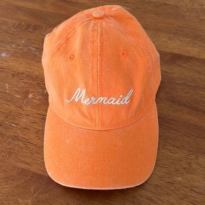 Light orange, women’s Velcro baseball hat, mermaid font in White